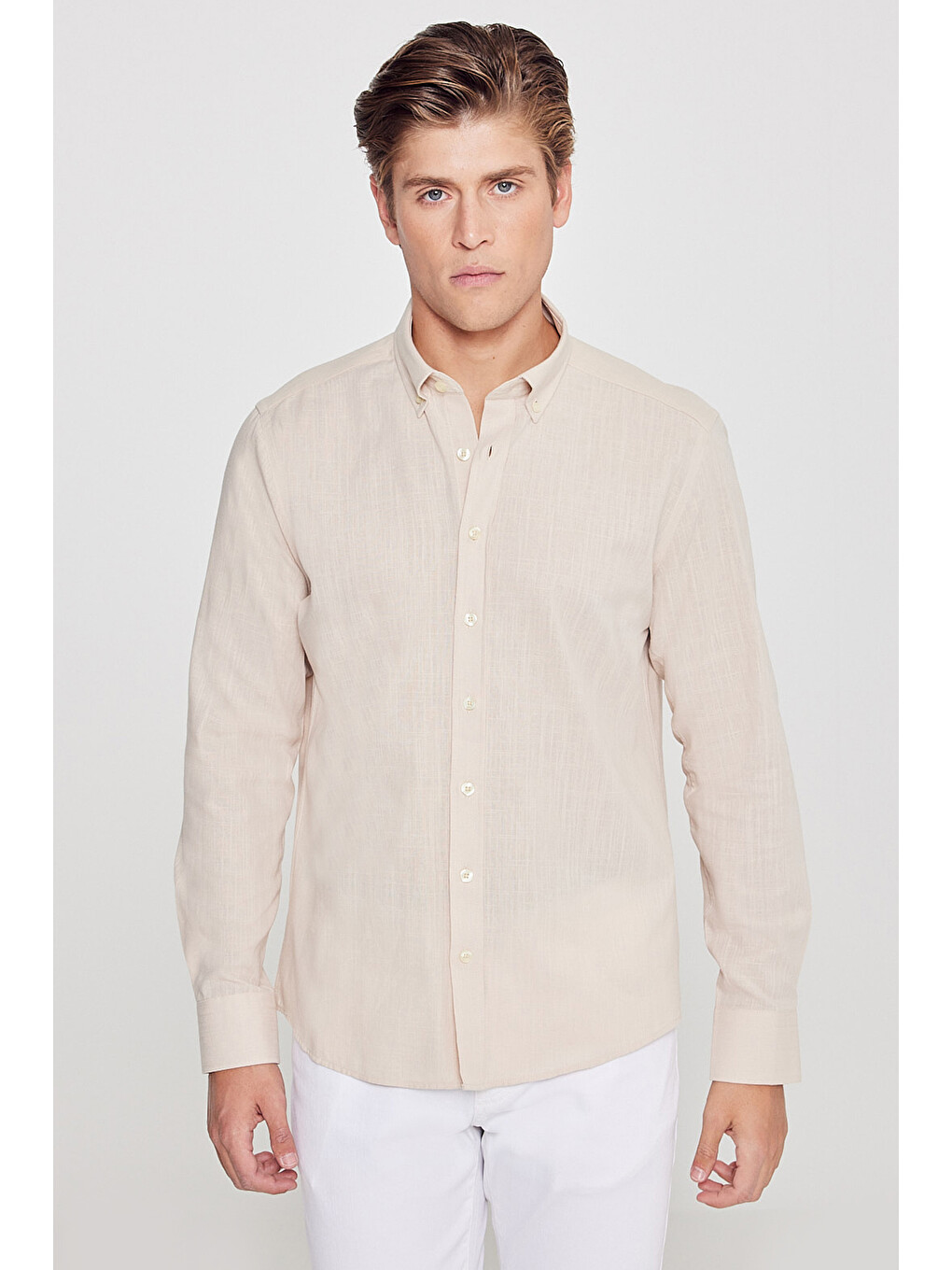 Erkek Bej %100 Pamuk Oxford Slim Fit Dar Kesim Düğmeli Yaka Flamlı Gömlek-2