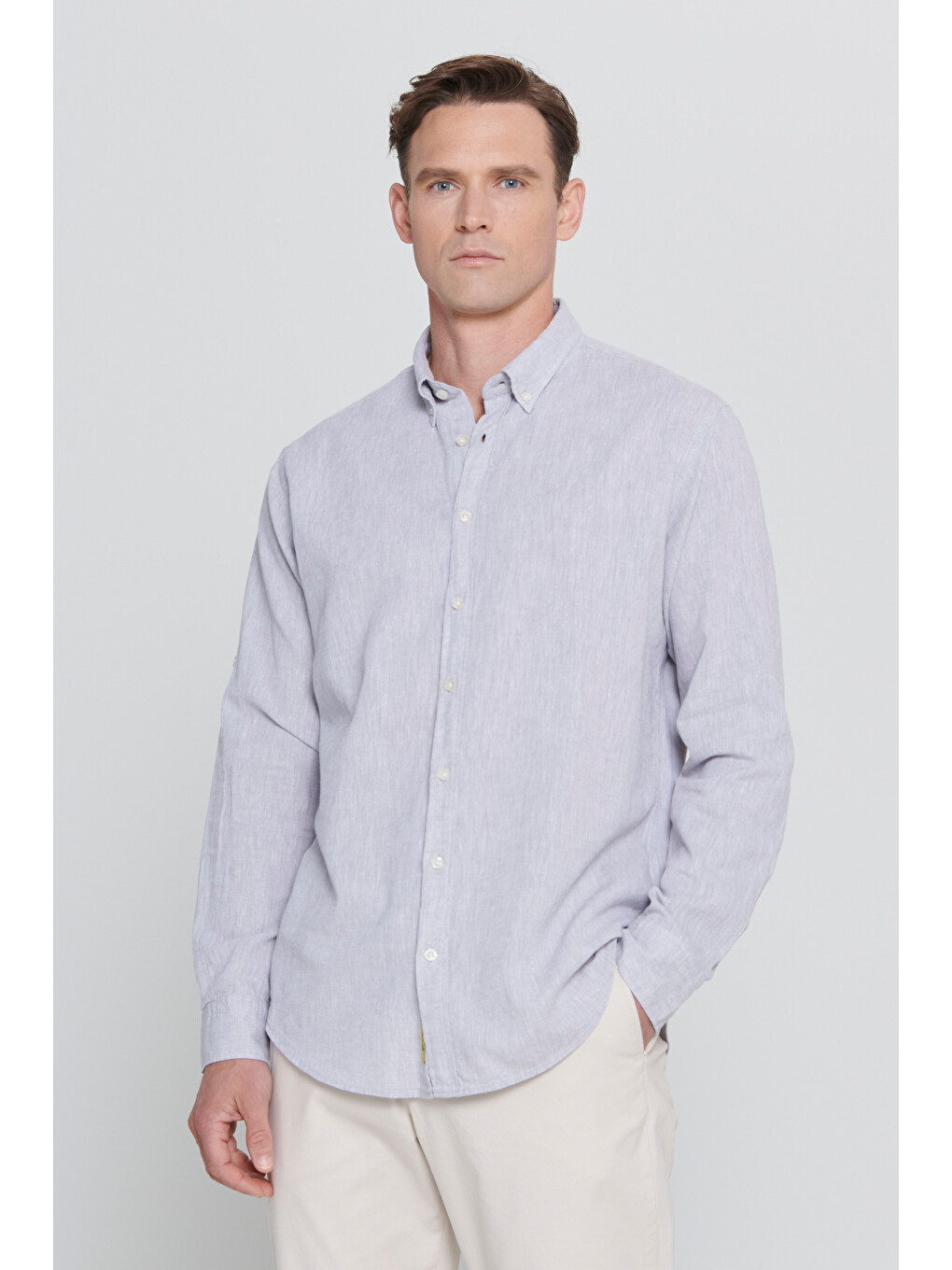 Erkek Gri Comfort Fit Rahat Kesim Düğmeli Yaka Casual Keten Gömlek-2