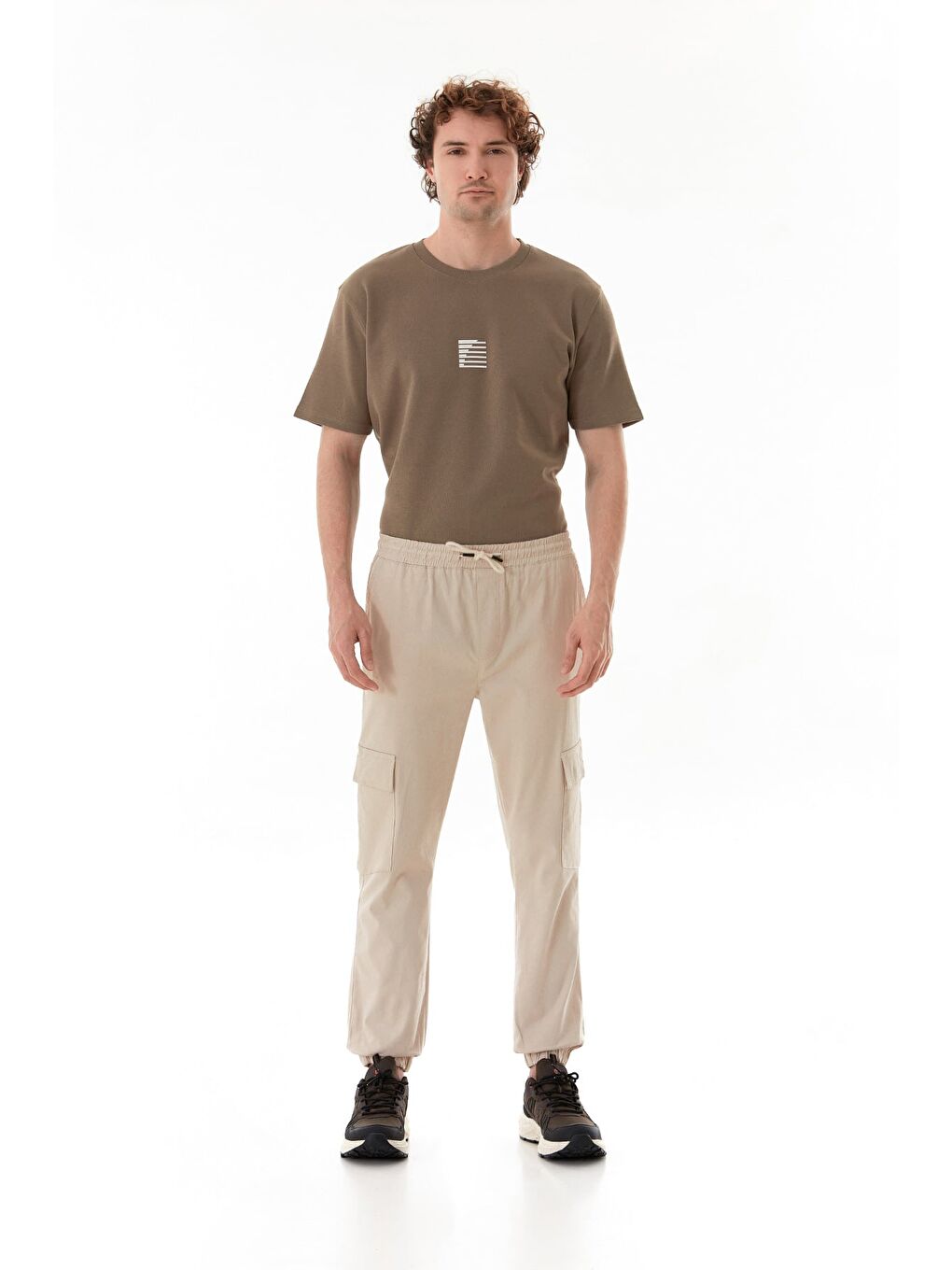 Bej Beli Lastikli Kargo Cepli Jogger Pantolon