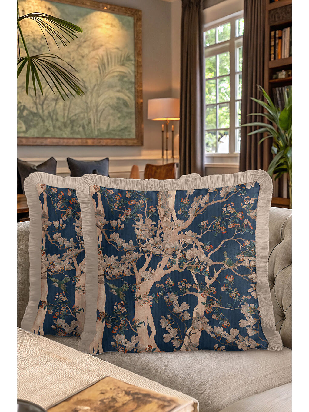 Karışık Lüks Çiçek Saçaklı Yastık Kılıfı - Sanatsal Doğa Temalı Klasik Lacivert Bej Püsküllü Kırlent Kılıfı-7