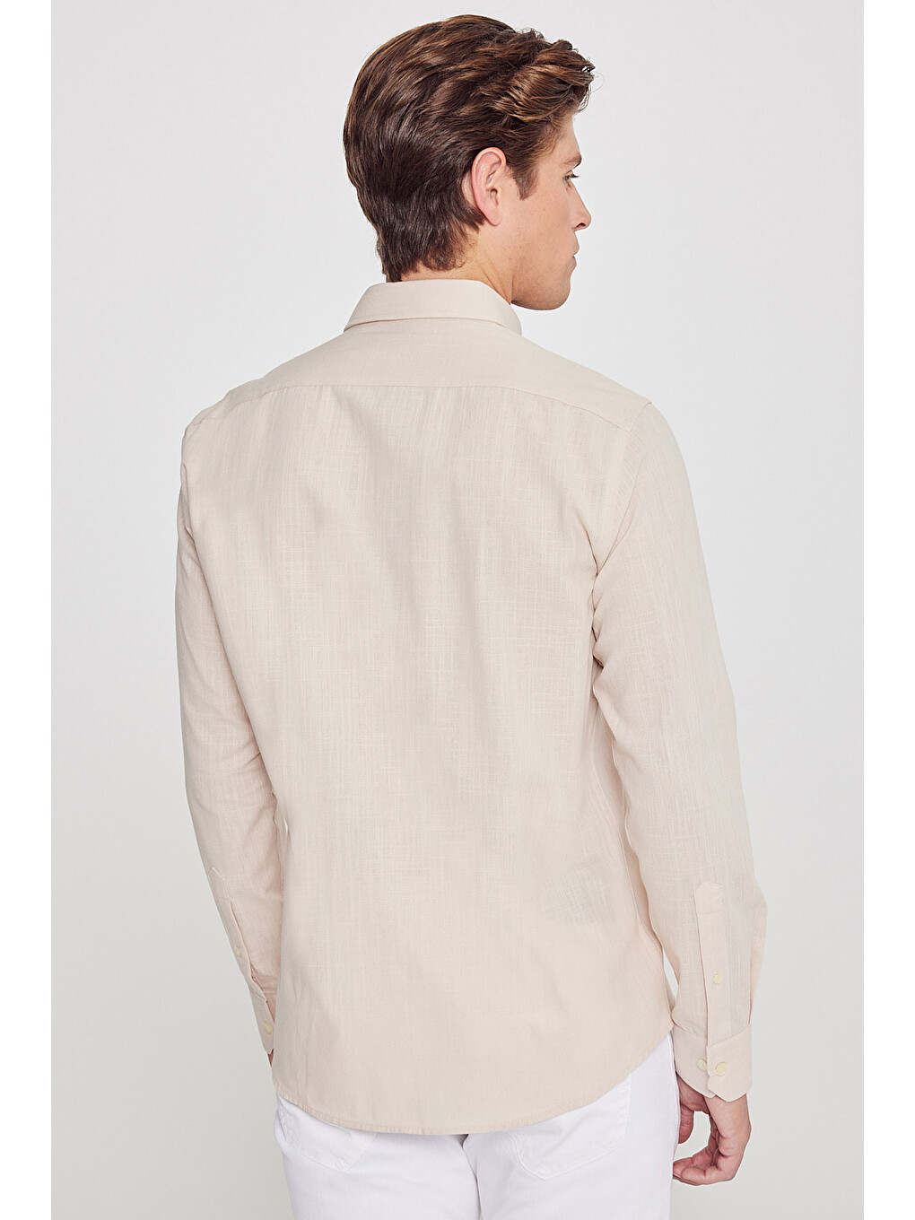 Erkek Bej %100 Pamuk Oxford Slim Fit Dar Kesim Düğmeli Yaka Flamlı Gömlek-4