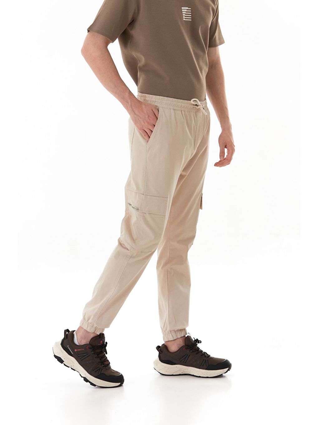 Bej Beli Lastikli Kargo Cepli Jogger Pantolon-1