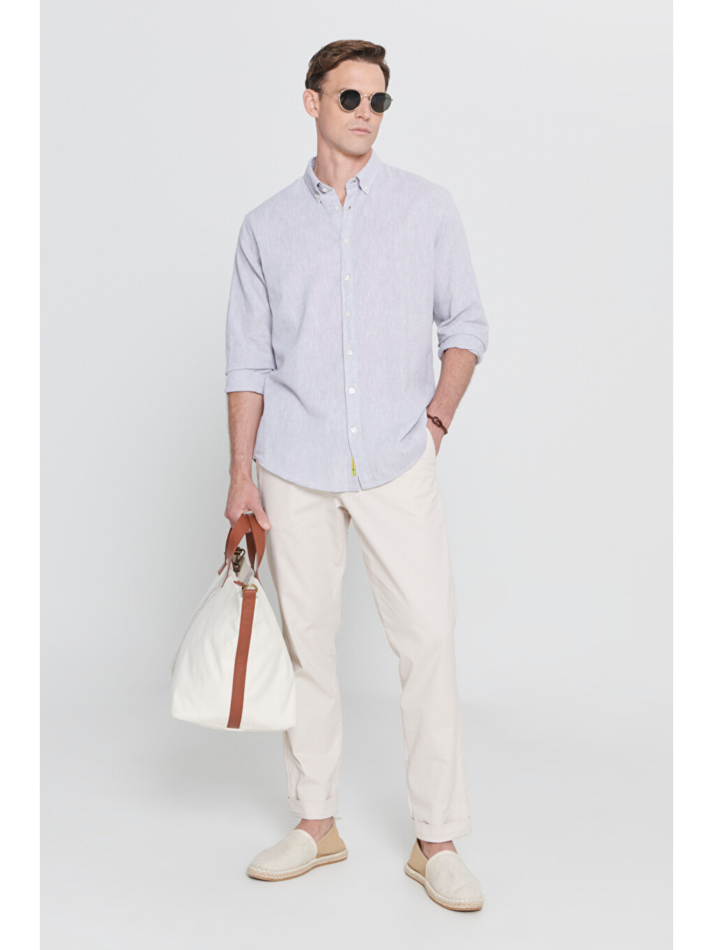 Erkek Gri Comfort Fit Rahat Kesim Düğmeli Yaka Casual Keten Gömlek-4