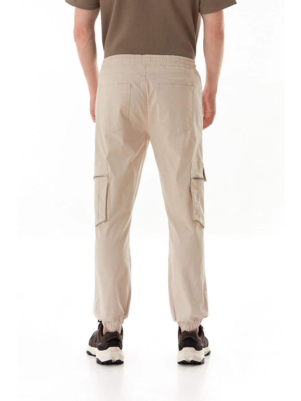 Bej Beli Lastikli Kargo Cepli Jogger Pantolon-2