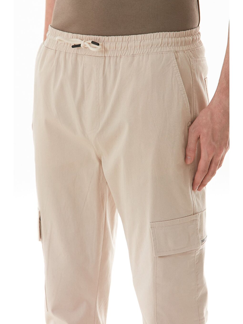 Bej Beli Lastikli Kargo Cepli Jogger Pantolon-3