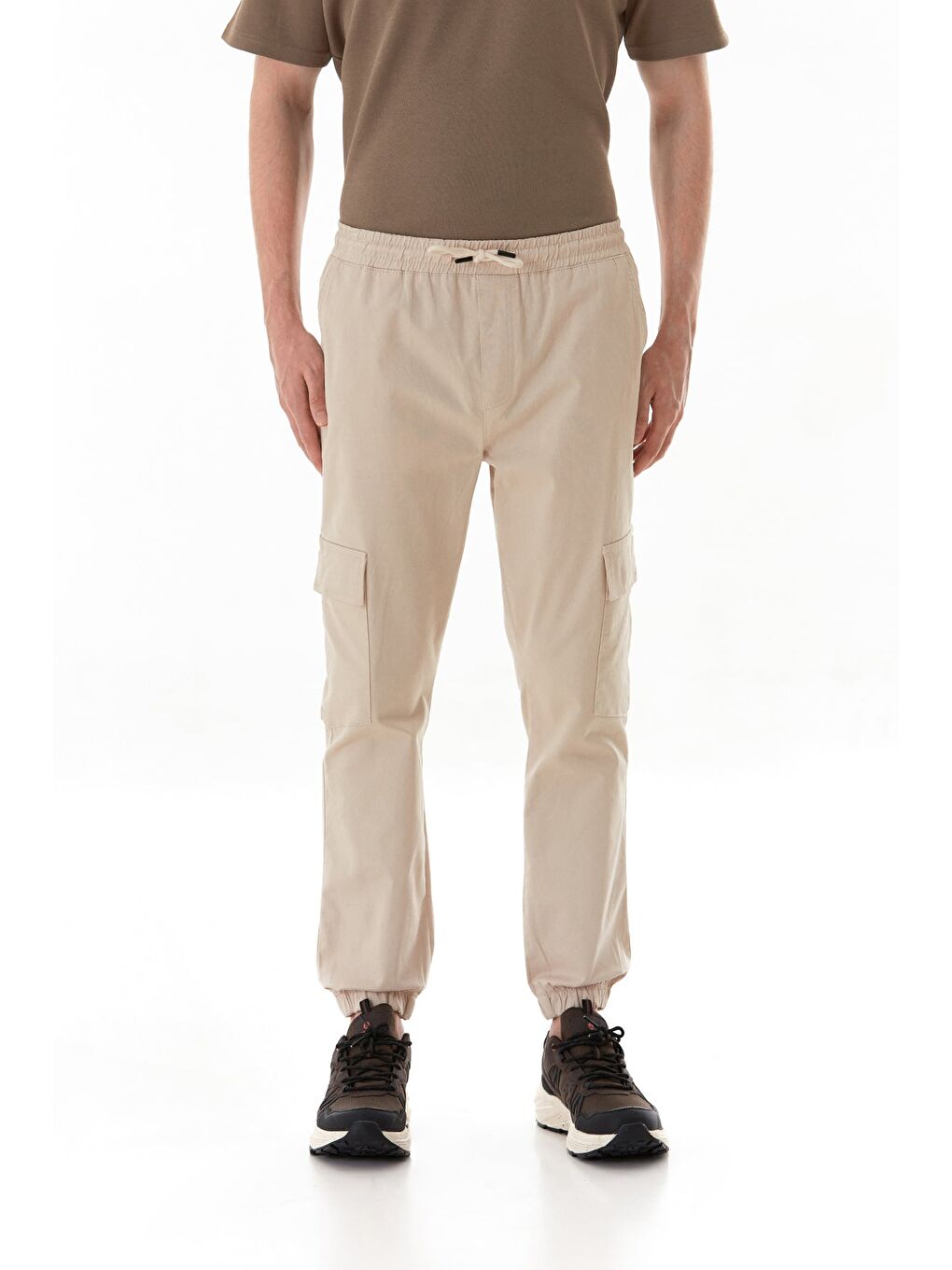Bej Beli Lastikli Kargo Cepli Jogger Pantolon-4
