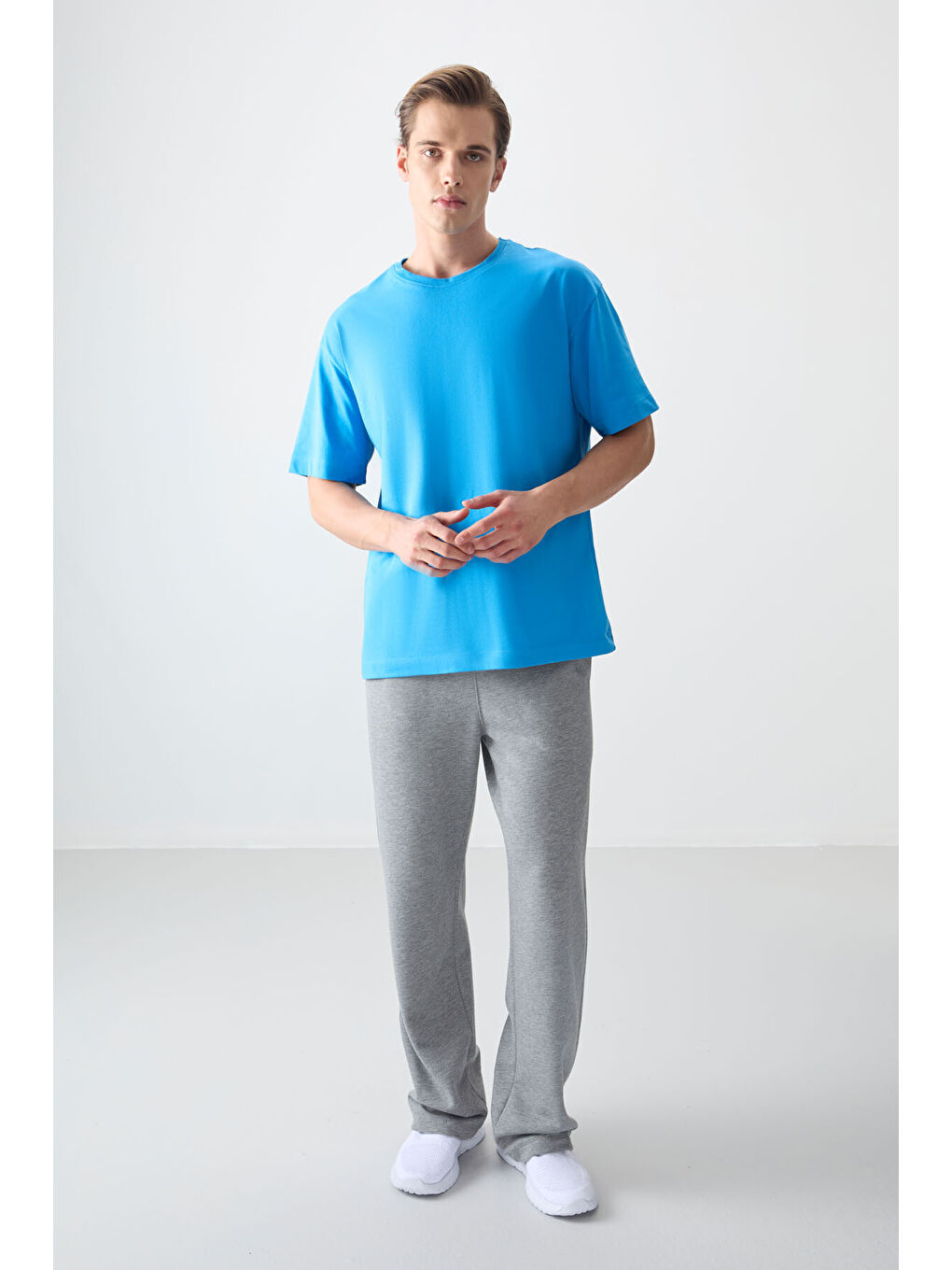 Petrol Mavi %100 Pamuk Kalın Yumuşak Dokulu Oversize Fit Basic Erkek Tişört - 88353-1