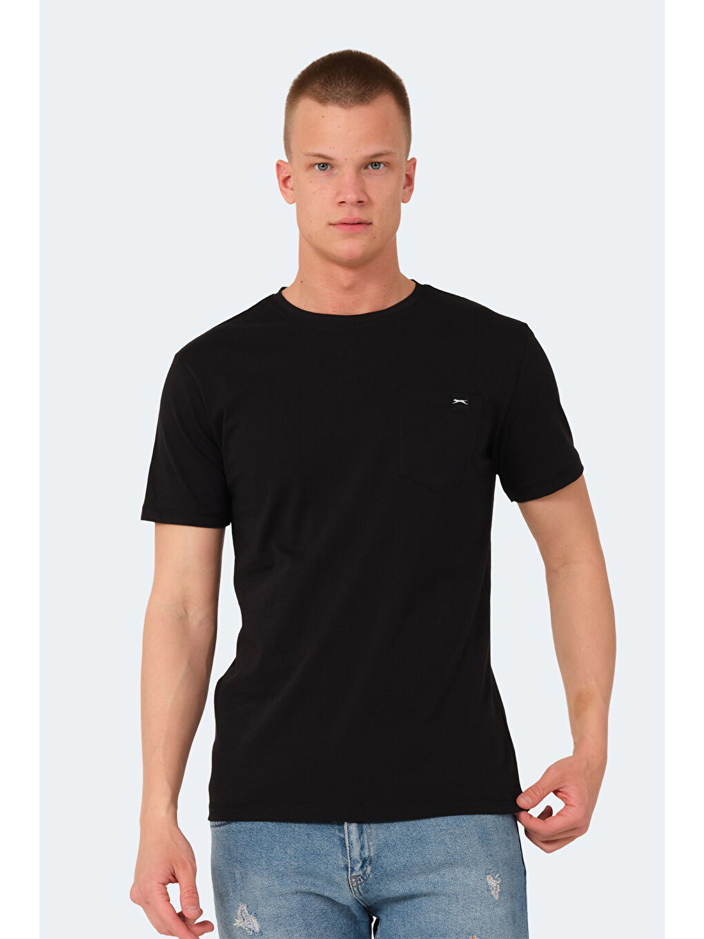 Siyah Bisiklet Yaka Kısa Kollu Cep Detaylı Erkek %100 Pamuk Tişört-5
