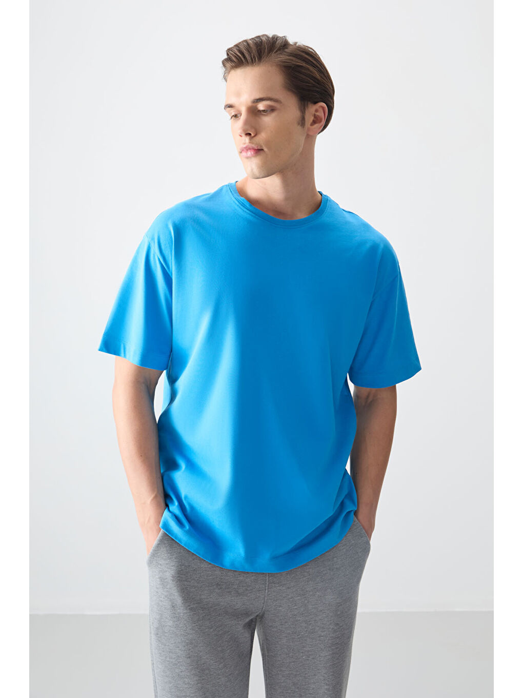 Petrol Mavi %100 Pamuk Kalın Yumuşak Dokulu Oversize Fit Basic Erkek Tişört - 88353-2