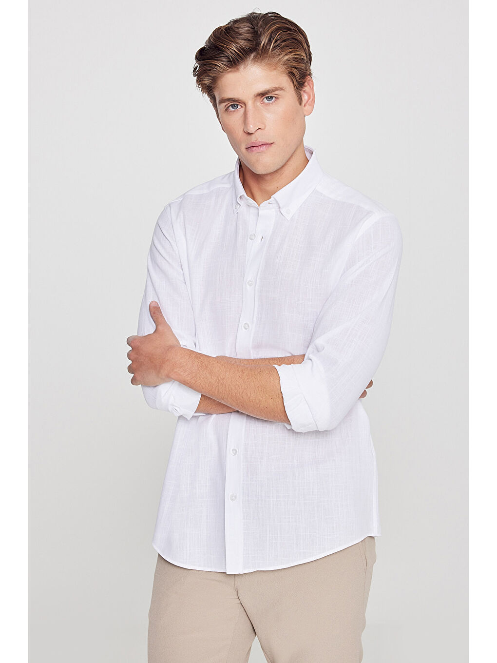 Erkek Beyaz %100 Pamuk Oxford Slim Fit Dar Kesim Düğmeli Yaka Flamlı Gömlek-7