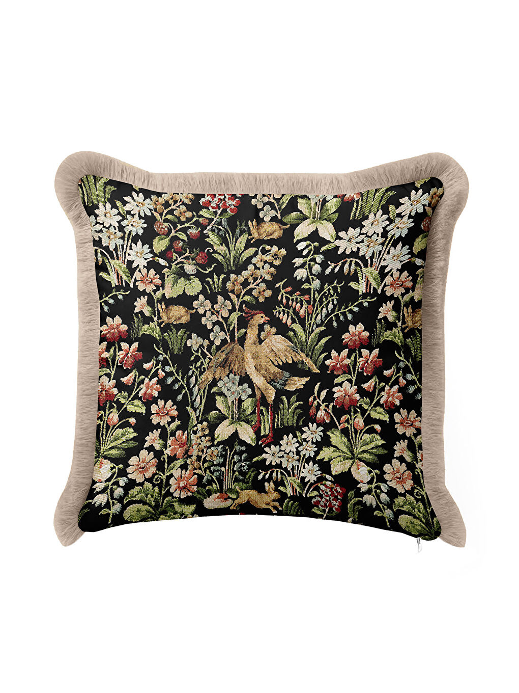 Karışık Vintage Çiçekli Kuşlu Saçaklı Yastık Kılıfı - Klasik Tema Siyah Altın Renkli Püsküllü Kırlent Kılıfı-1