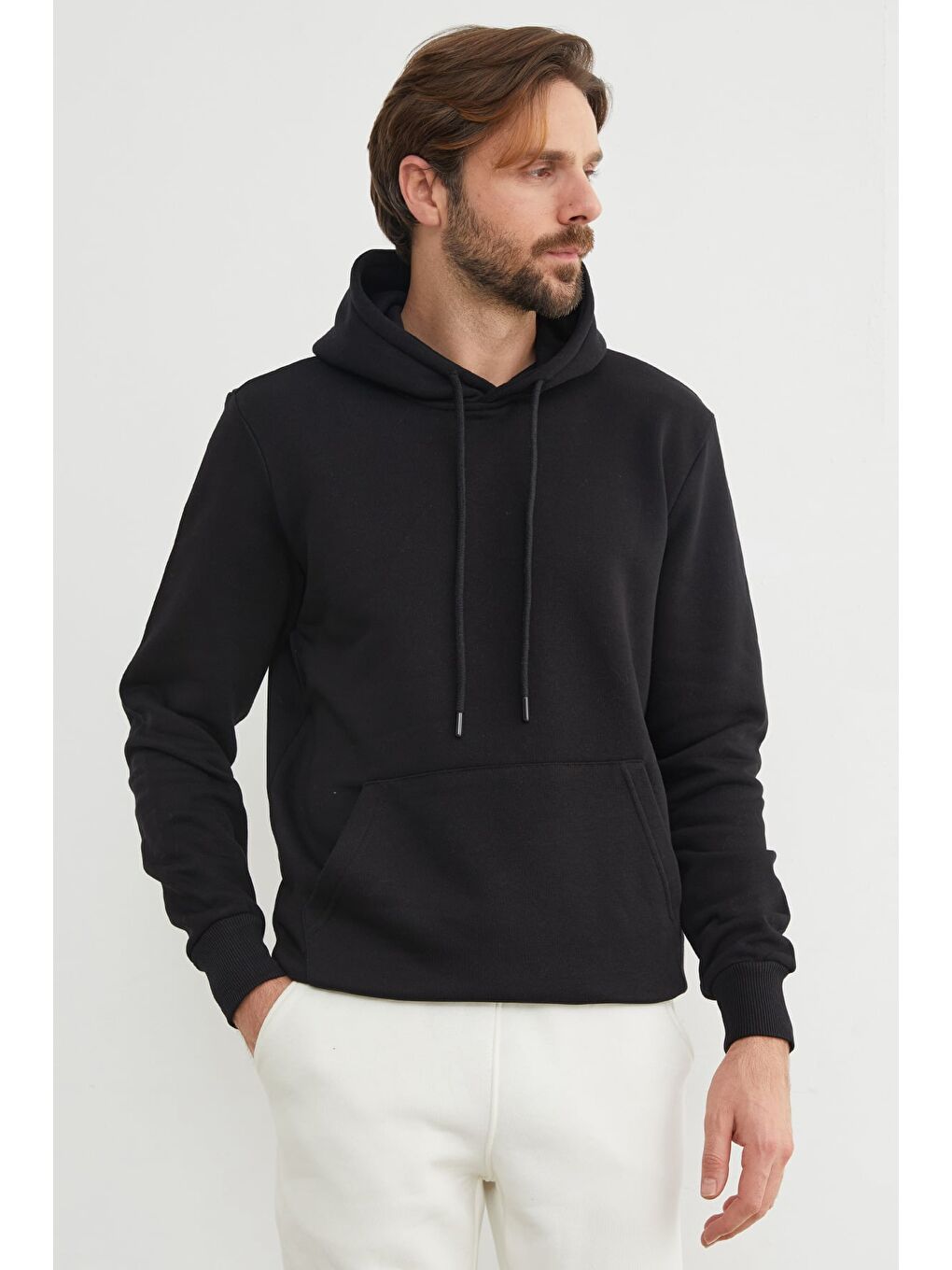 Siyah Basic Kanguru Cepli Kapüşonlu Erkek Hoodie-3