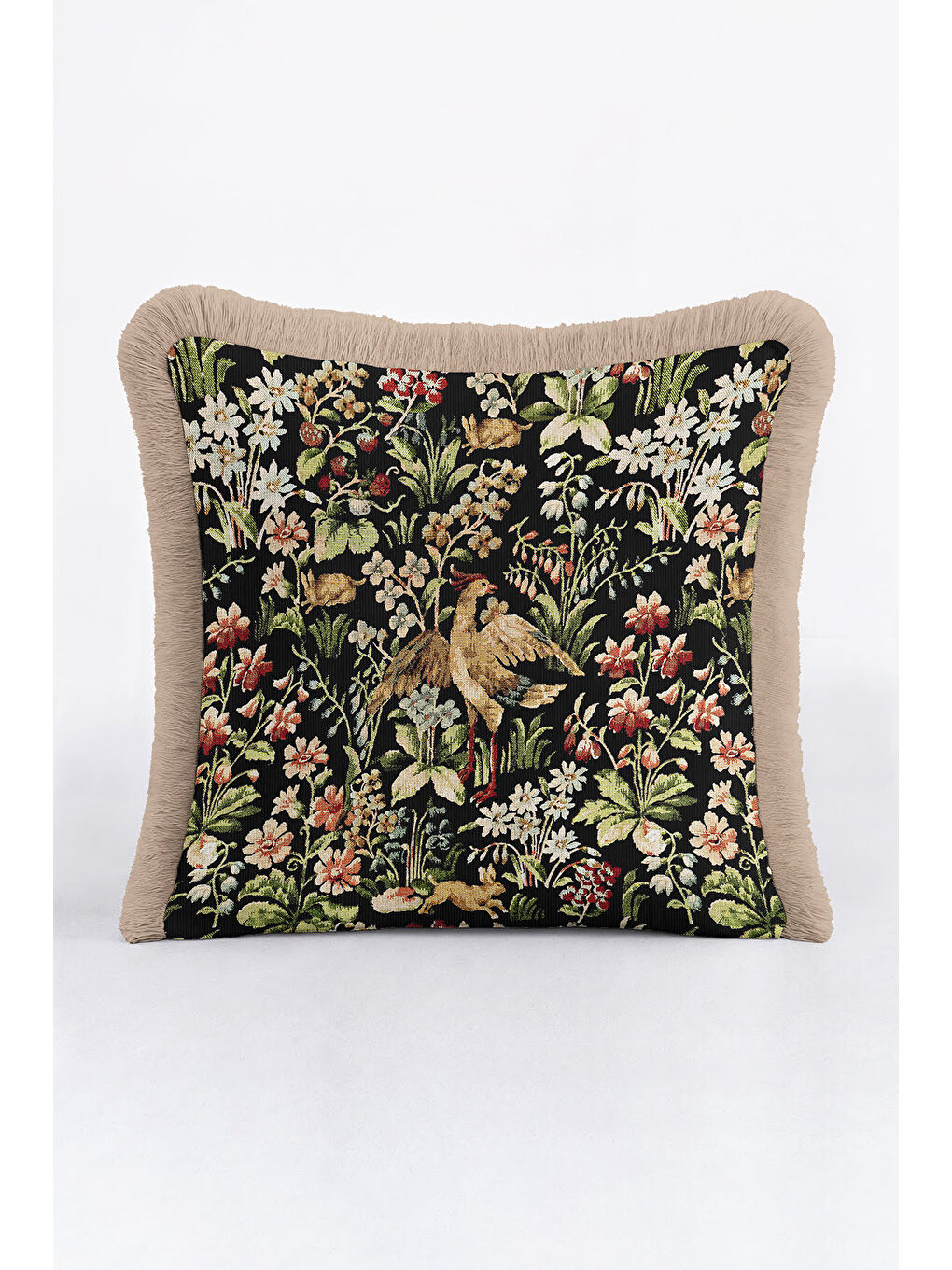 Karışık Vintage Çiçekli Kuşlu Saçaklı Yastık Kılıfı - Klasik Tema Siyah Altın Renkli Püsküllü Kırlent Kılıfı-2