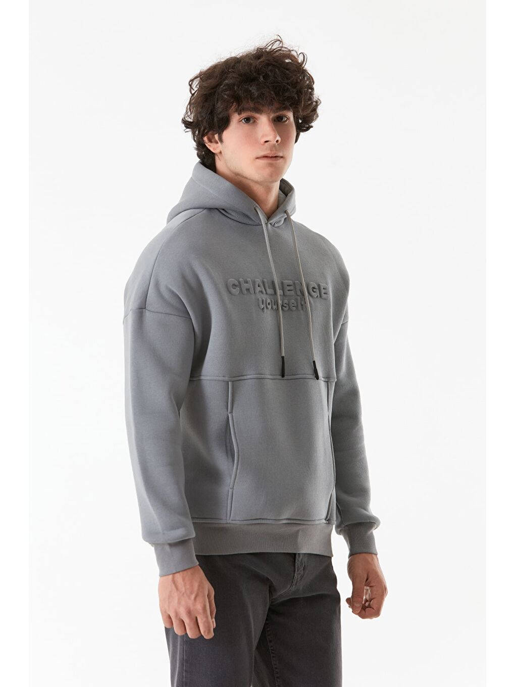 Gri Kabartma Baskılı Kapüşonlu  Kanguru Cepli Erkek Hoodie