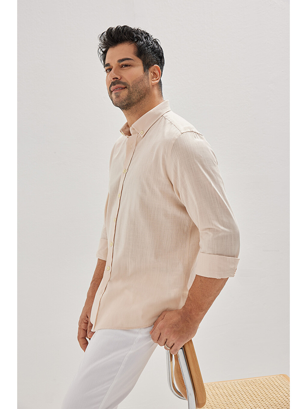 Erkek Bej %100 Pamuk Oxford Slim Fit Dar Kesim Düğmeli Yaka Flamlı Gömlek-10