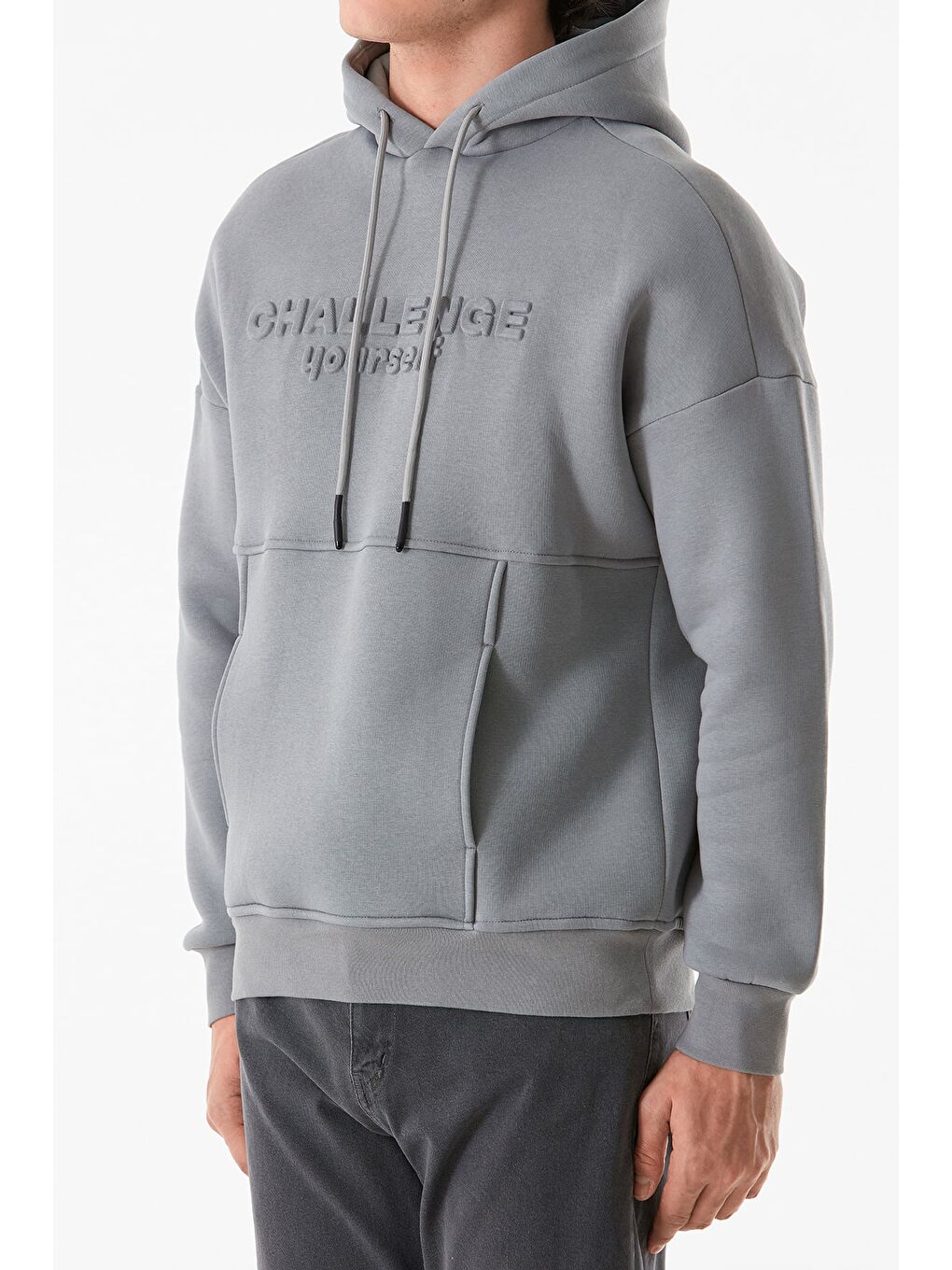 Gri Kabartma Baskılı Kapüşonlu  Kanguru Cepli Erkek Hoodie-4