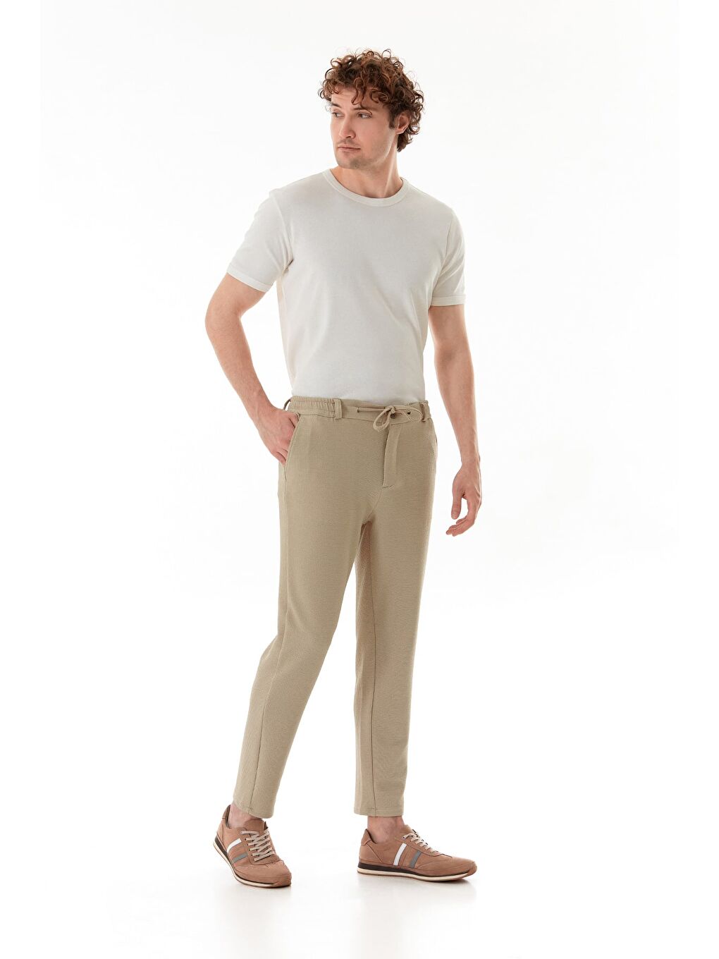 Bej Waffle Kumaş Beli Bağlamalı Jogger Pantolon