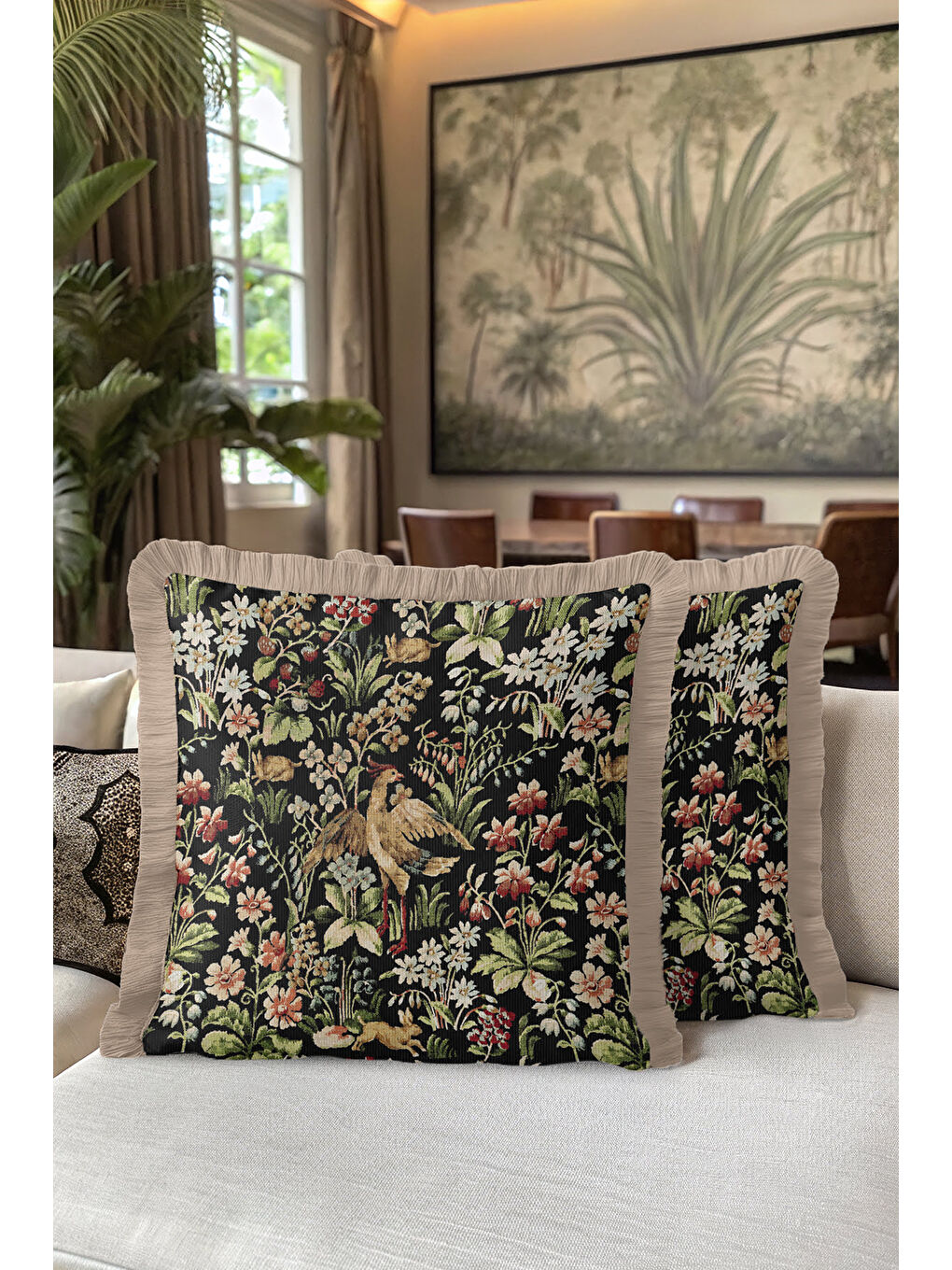 Karışık Vintage Çiçekli Kuşlu Saçaklı Yastık Kılıfı - Klasik Tema Siyah Altın Renkli Püsküllü Kırlent Kılıfı-5