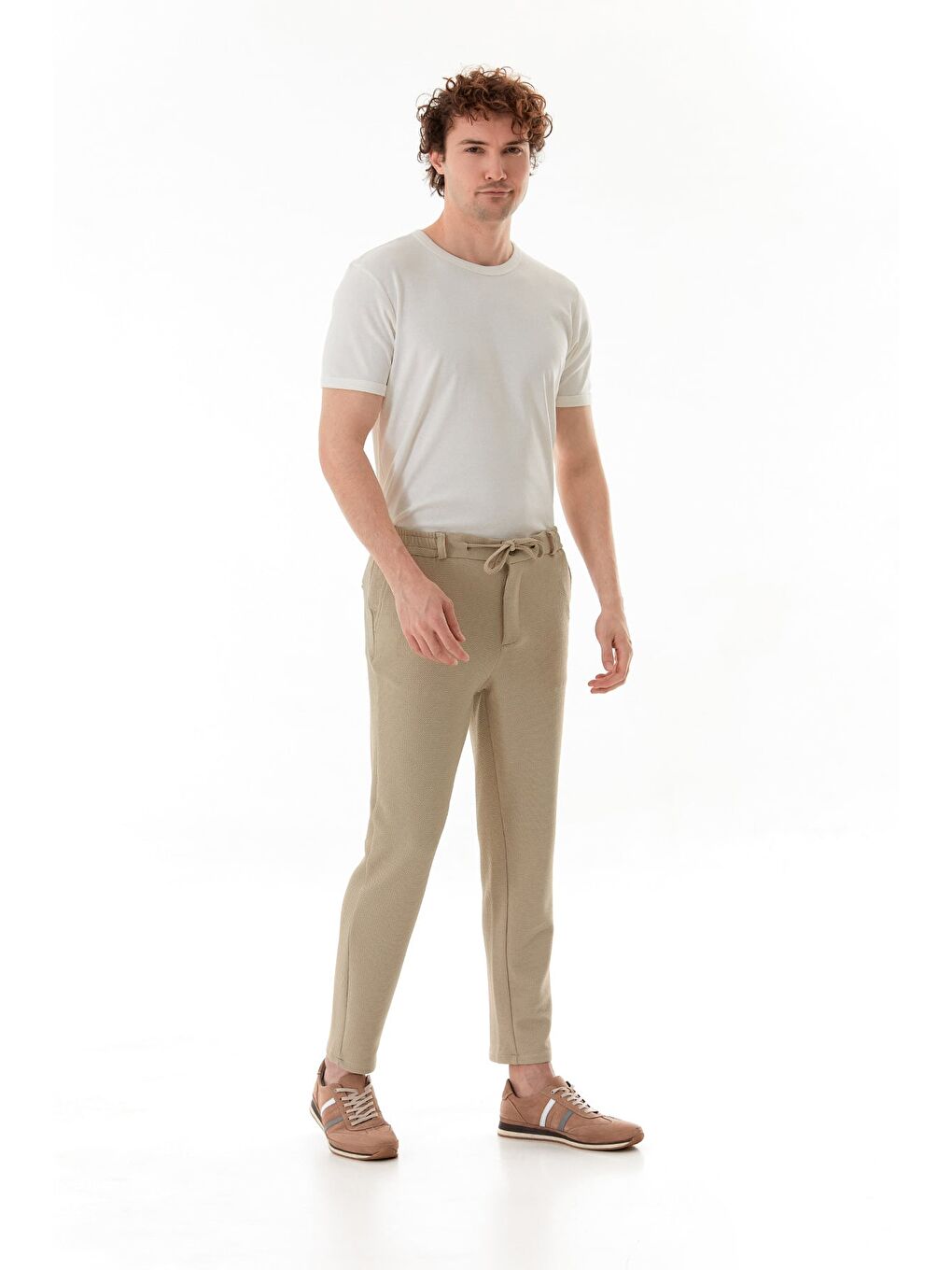 Bej Waffle Kumaş Beli Bağlamalı Jogger Pantolon-2