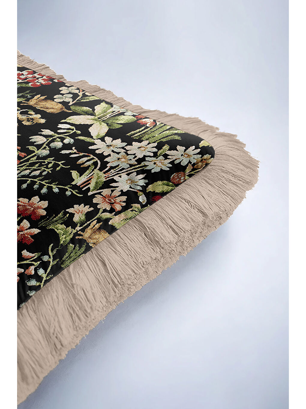 Karışık Vintage Çiçekli Kuşlu Saçaklı Yastık Kılıfı - Klasik Tema Siyah Altın Renkli Püsküllü Kırlent Kılıfı-6