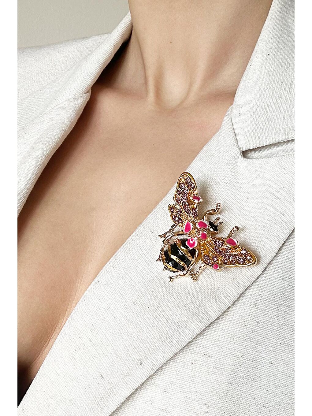 Sarı Büyük Bal Arası Taşlı ve Mineli Yaka İğnesi Broş-6