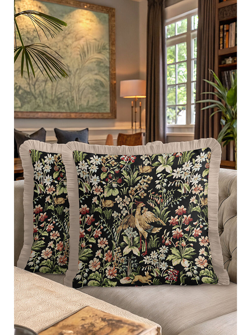 Karışık Vintage Çiçekli Kuşlu Saçaklı Yastık Kılıfı - Klasik Tema Siyah Altın Renkli Püsküllü Kırlent Kılıfı-7