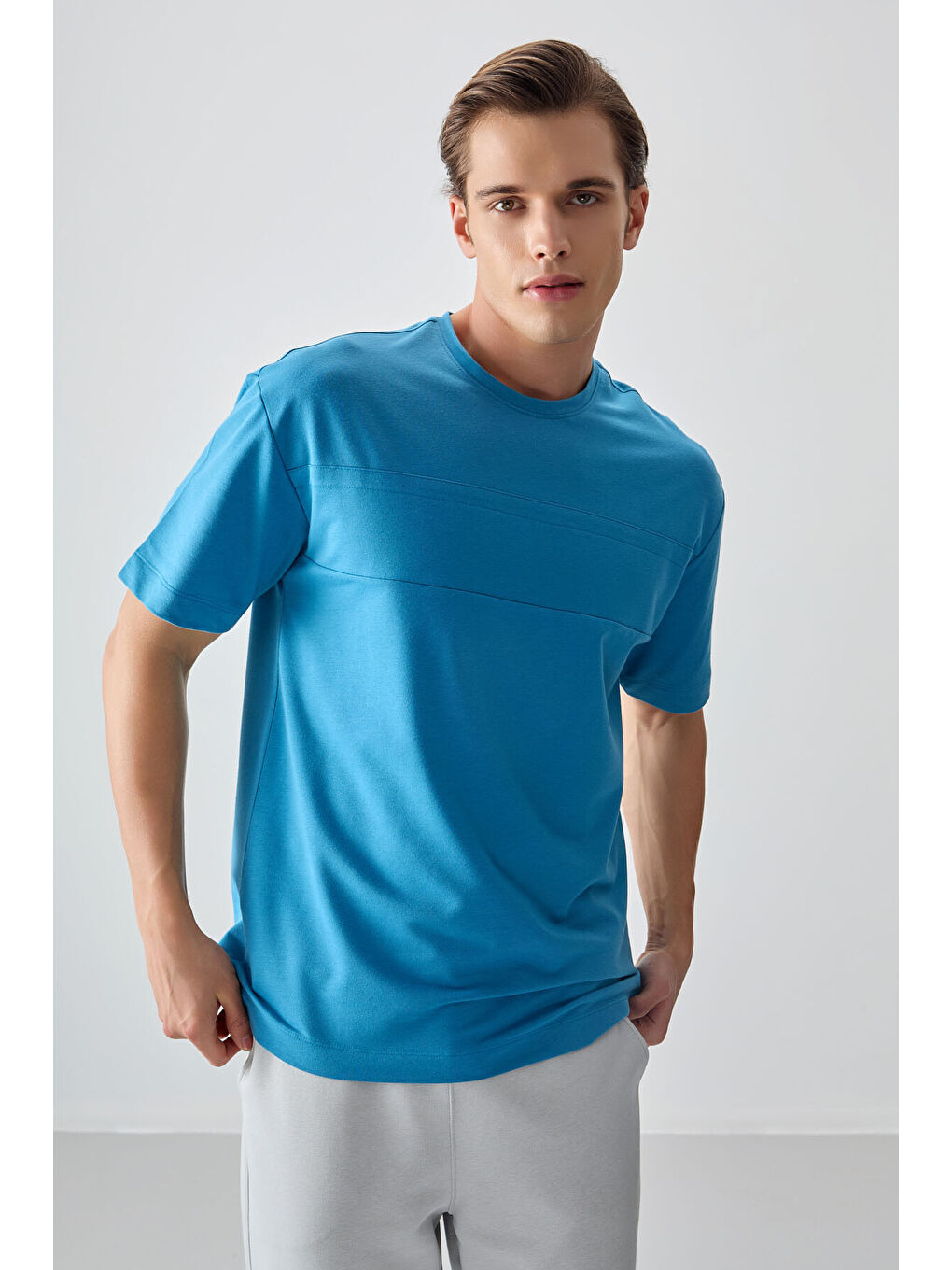 Petrol Mavi Pamuklu Kalın Yumuşak Dokulu Oversize Fit Basic Erkek Tişört - 88378-3