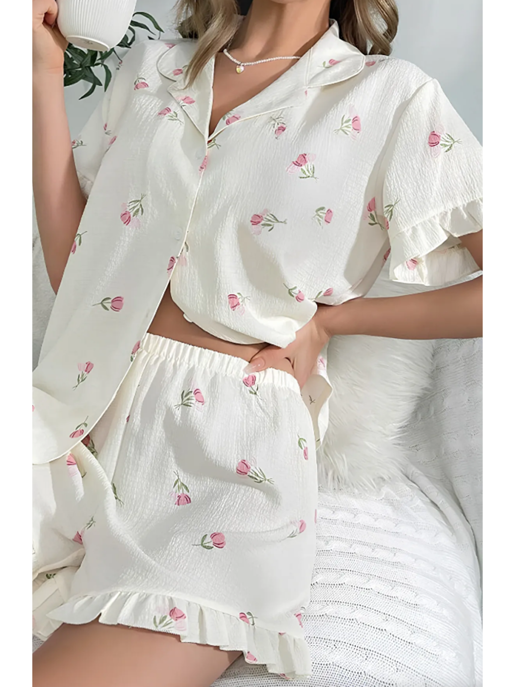 Beyaz Bürümcük Düğmeli Şort Takım 7040-1