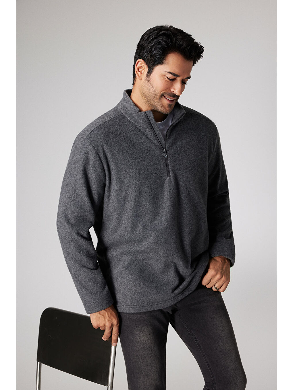 Erkek Antrasit-Melanj Anti-Pilling Tüylenme Yapmayan Standart Fit Dik Yaka Polar Sweatshirt