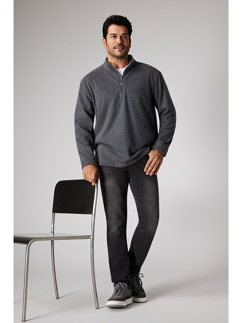 Erkek Antrasit-Melanj Anti-Pilling Tüylenme Yapmayan Standart Fit Dik Yaka Polar Sweatshirt-1