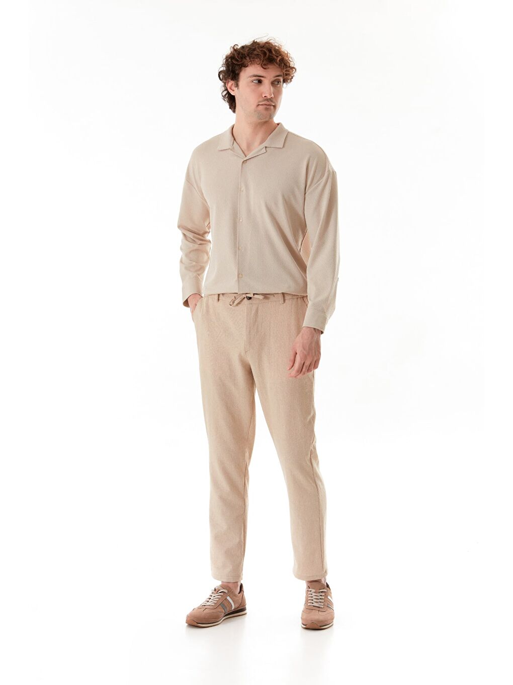 Bej Beli Bağcıklı Jogger Pantolon-1