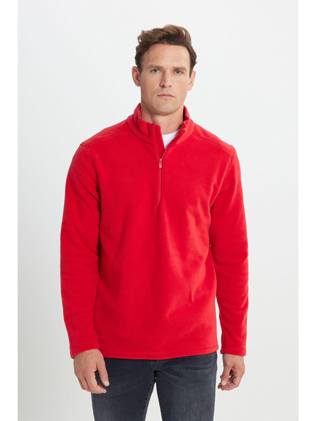 Erkek Kırmızı Anti-Pilling Tüylenme Yapmayan Standart Fit Dik Yaka Polar Sweatshirt