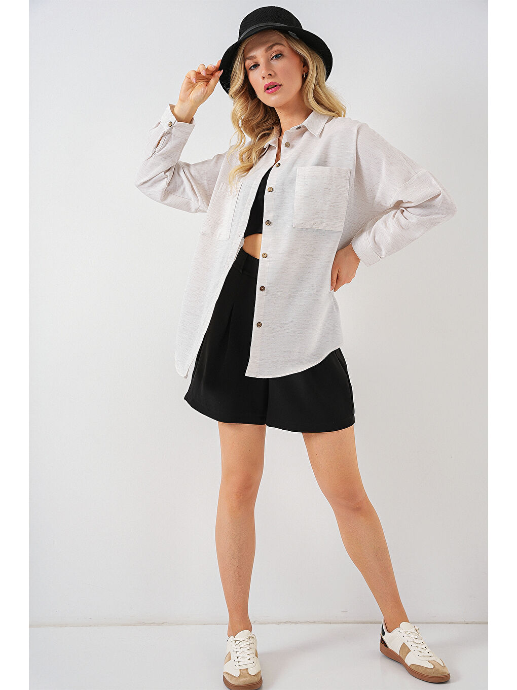 20126 Oversize Keten Gömlek - Beyaz-1