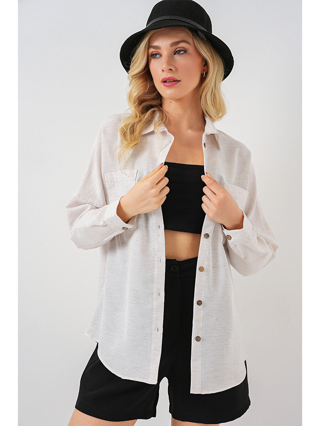 20126 Oversize Keten Gömlek - Beyaz-2