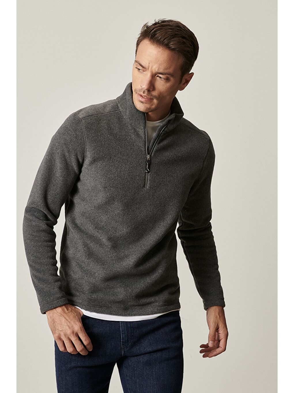 Erkek Antrasit-Melanj Anti-Pilling Tüylenme Yapmayan Standart Fit Dik Yaka Polar Sweatshirt-2