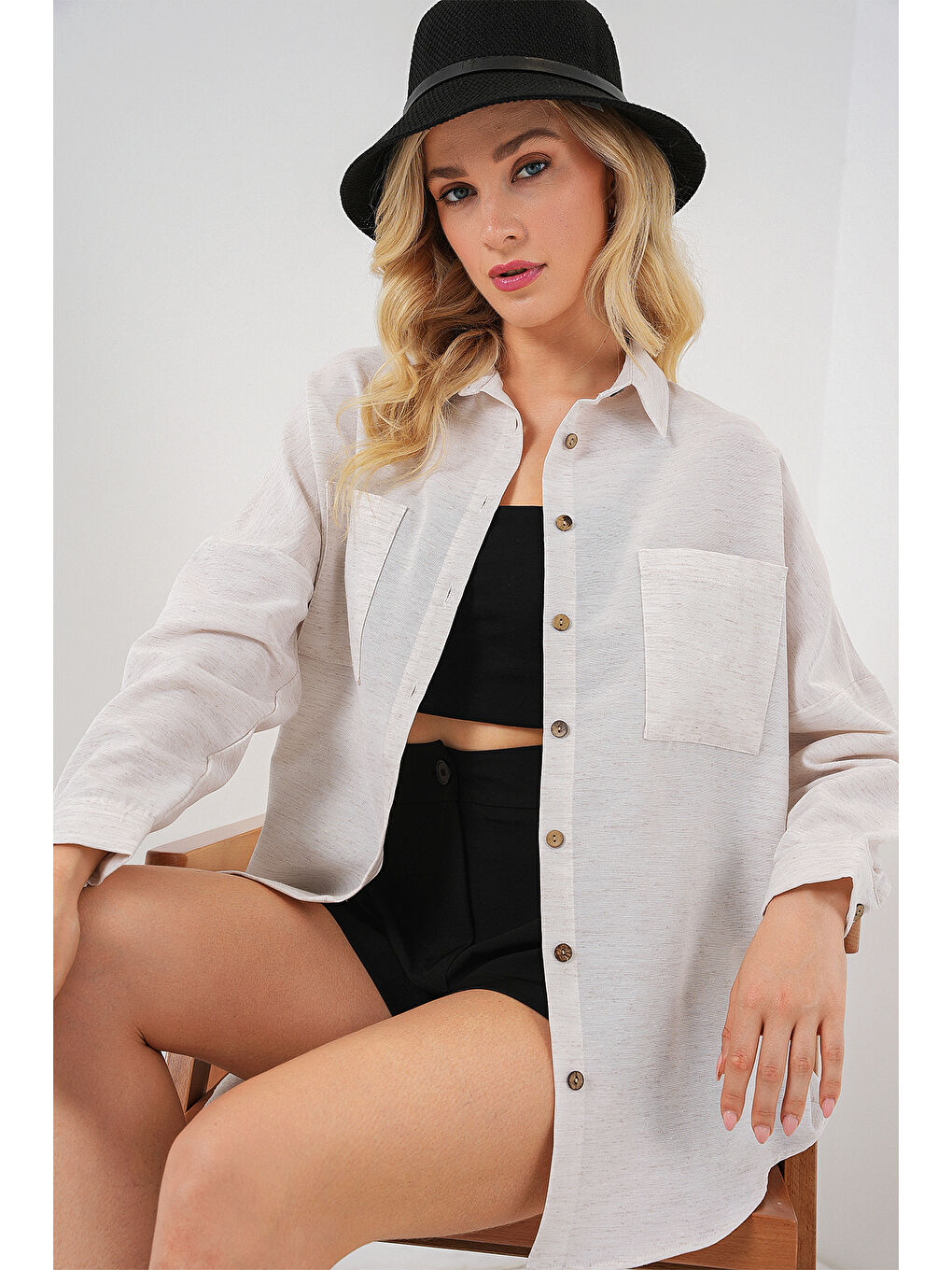 20126 Oversize Keten Gömlek - Beyaz-3