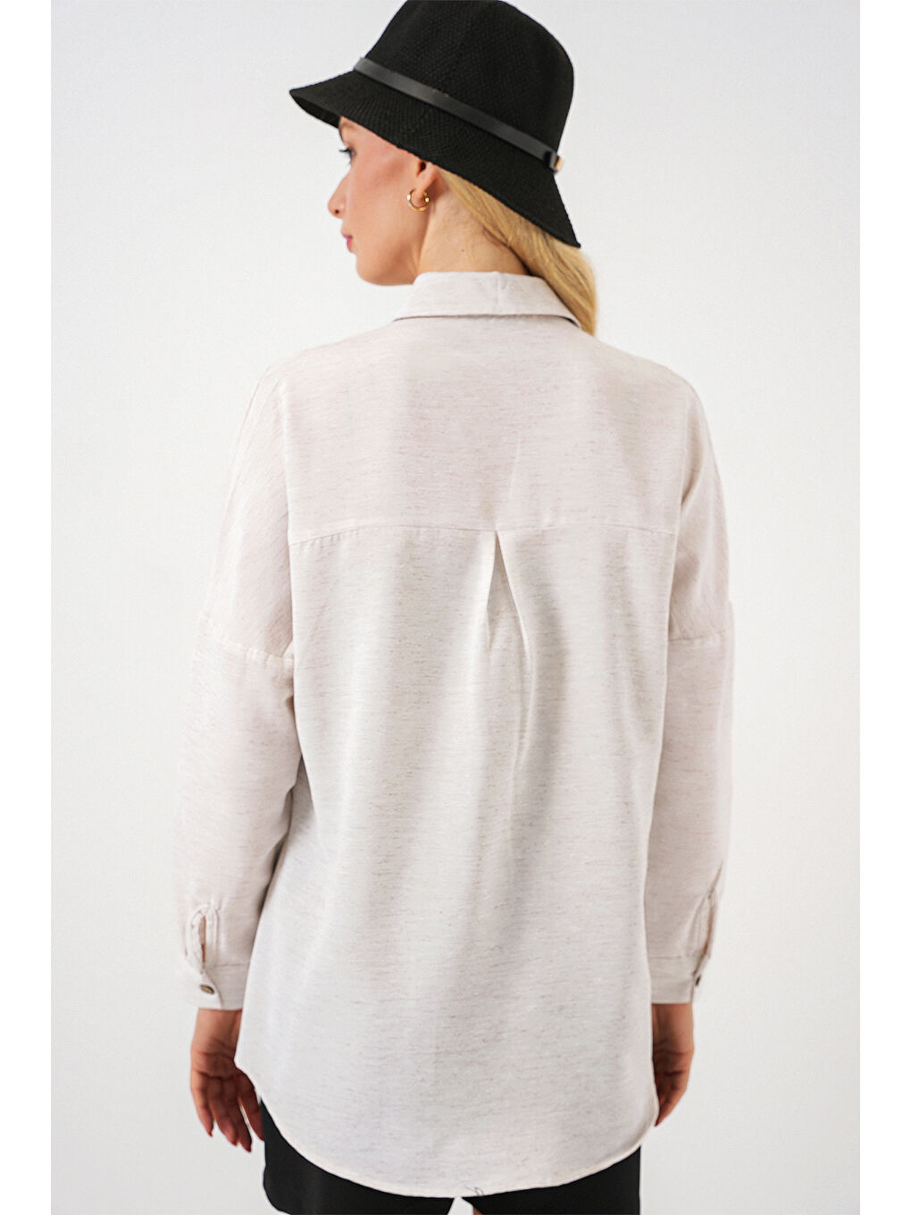 20126 Oversize Keten Gömlek - Beyaz-5