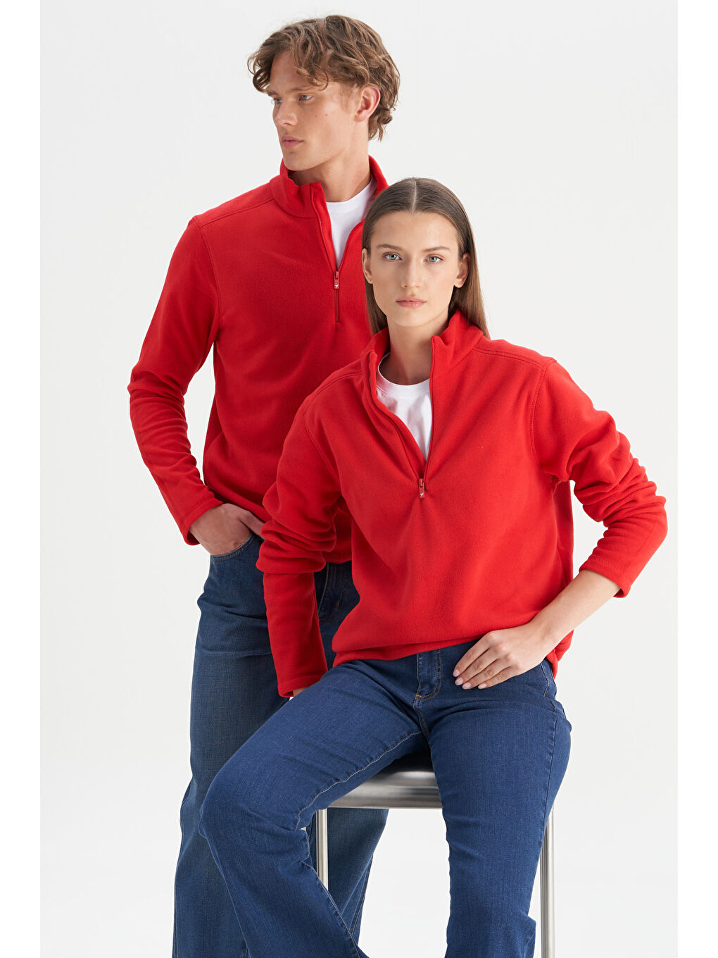 Erkek Kırmızı Anti-Pilling Tüylenme Yapmayan Standart Fit Dik Yaka Polar Sweatshirt-1