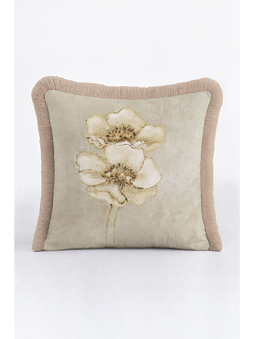 Karışık Zarif Çiçekli Saçaklı Yastık Kılıfı - Vintage Doğal Modern Bej Altın Renkli Püsküllü Kırlent Kılıfı-1