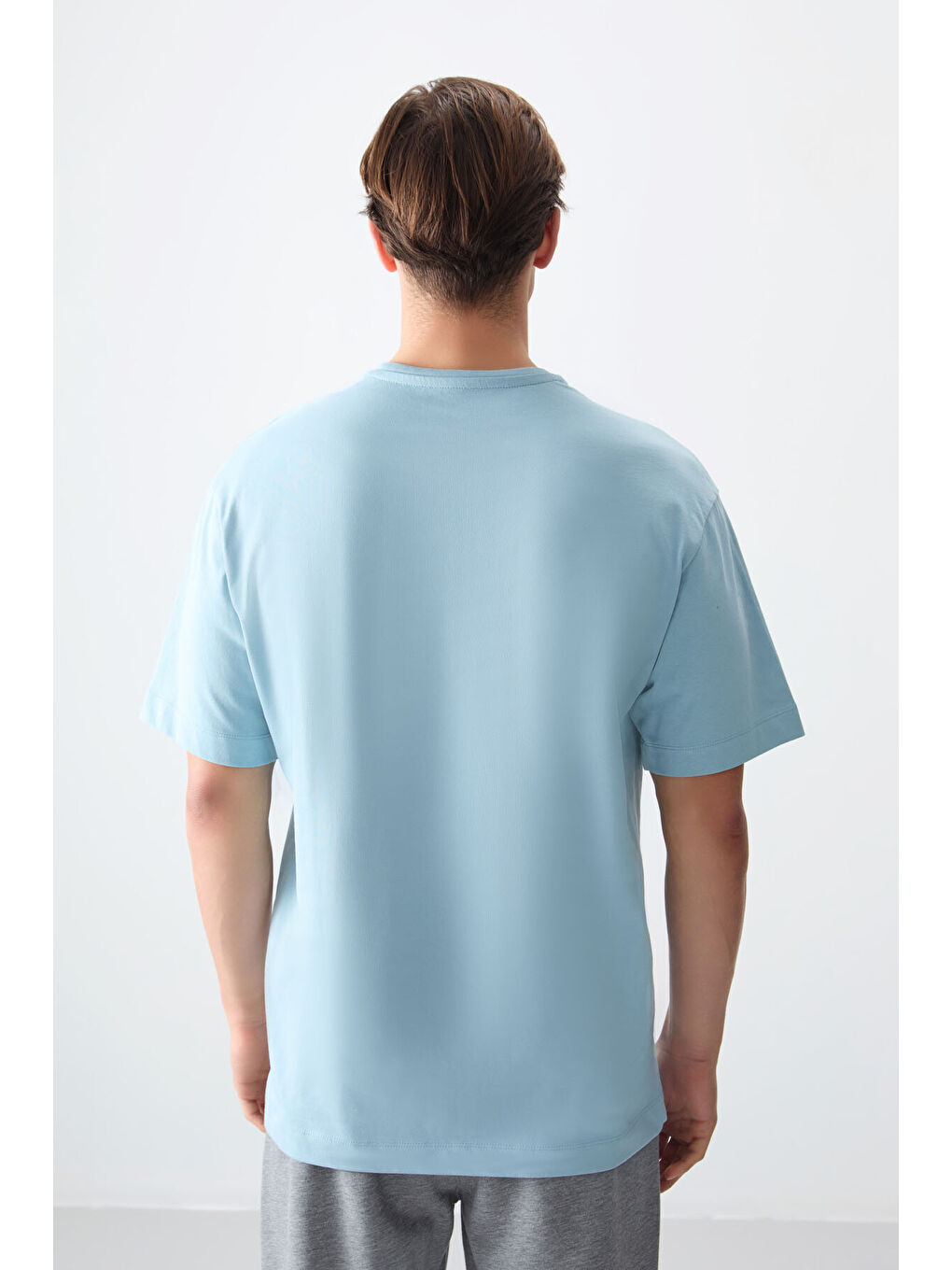 Açık Mavi %100 Pamuk Kalın Yumuşak Dokulu Oversize Fit Basic Erkek Tişört - 88353-4