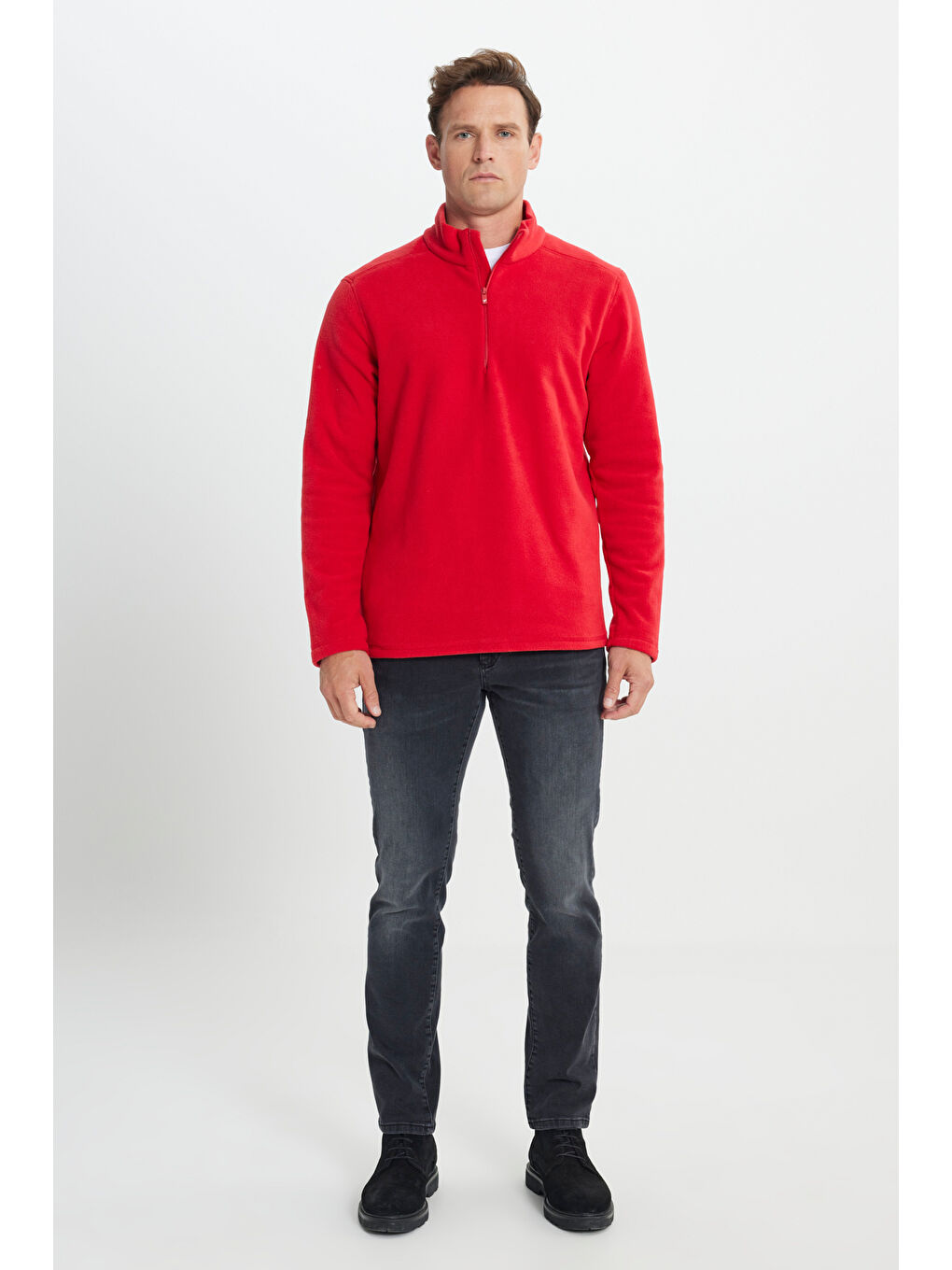 Erkek Kırmızı Anti-Pilling Tüylenme Yapmayan Standart Fit Dik Yaka Polar Sweatshirt-2