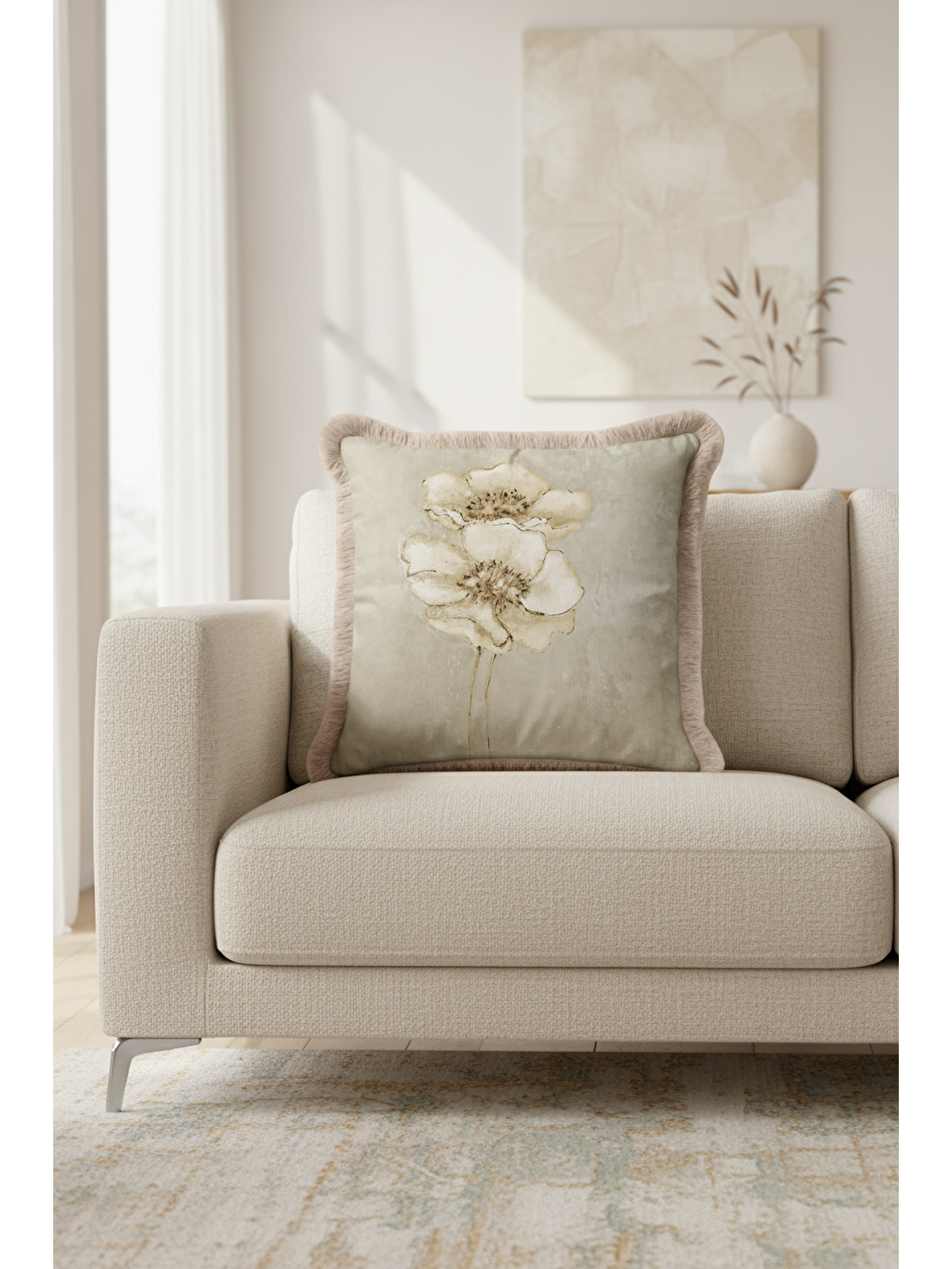 Karışık Zarif Çiçekli Saçaklı Yastık Kılıfı - Vintage Doğal Modern Bej Altın Renkli Püsküllü Kırlent Kılıfı-2