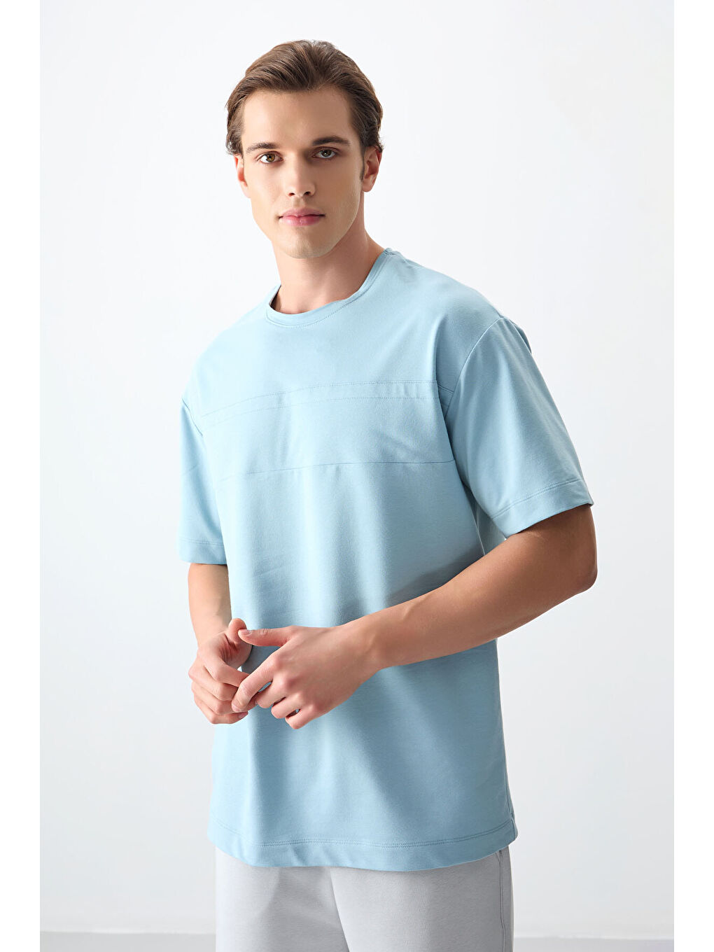 Açık Mavi Pamuklu Kalın Yumuşak Dokulu Oversize Fit Basic Erkek Tişört - 88378