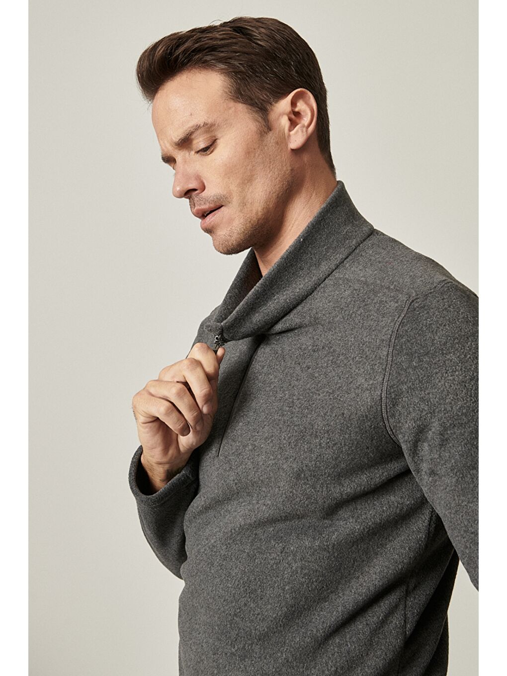 Erkek Antrasit-Melanj Anti-Pilling Tüylenme Yapmayan Standart Fit Dik Yaka Polar Sweatshirt-4