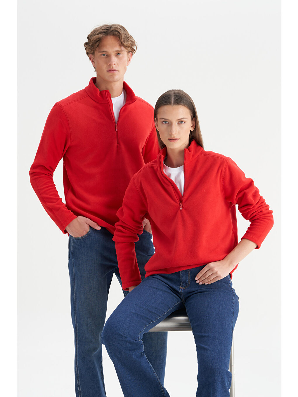 Erkek Kırmızı Anti-Pilling Tüylenme Yapmayan Standart Fit Dik Yaka Polar Sweatshirt-3