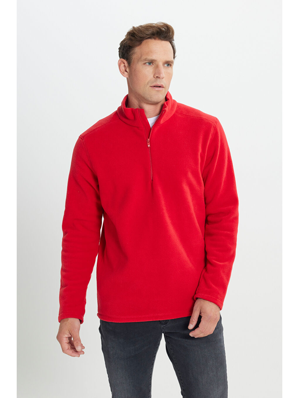 Erkek Kırmızı Anti-Pilling Tüylenme Yapmayan Standart Fit Dik Yaka Polar Sweatshirt-4