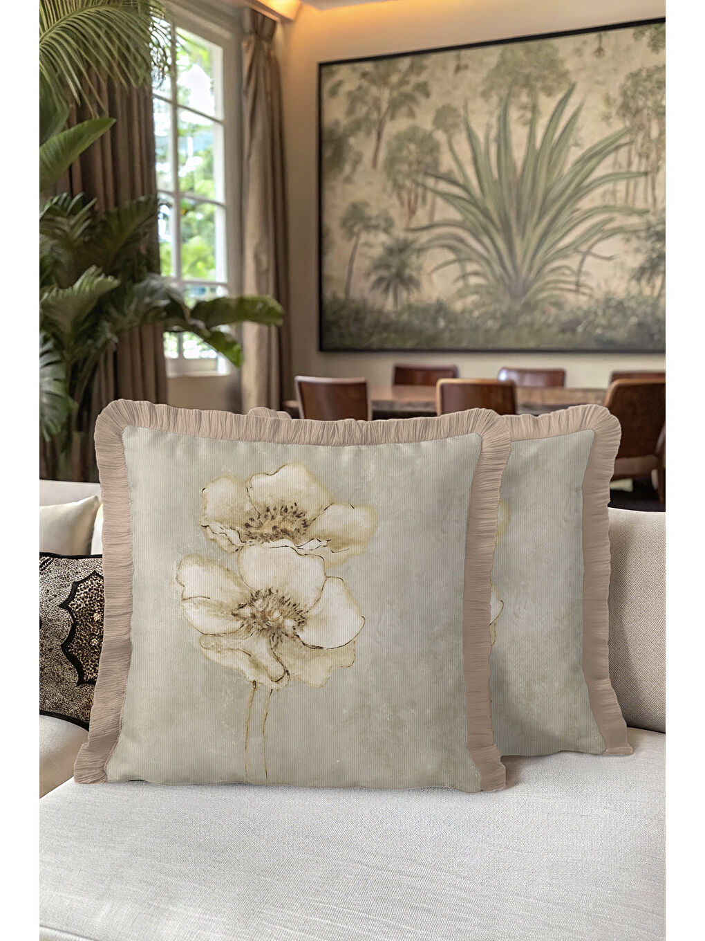 Karışık Zarif Çiçekli Saçaklı Yastık Kılıfı - Vintage Doğal Modern Bej Altın Renkli Püsküllü Kırlent Kılıfı-5
