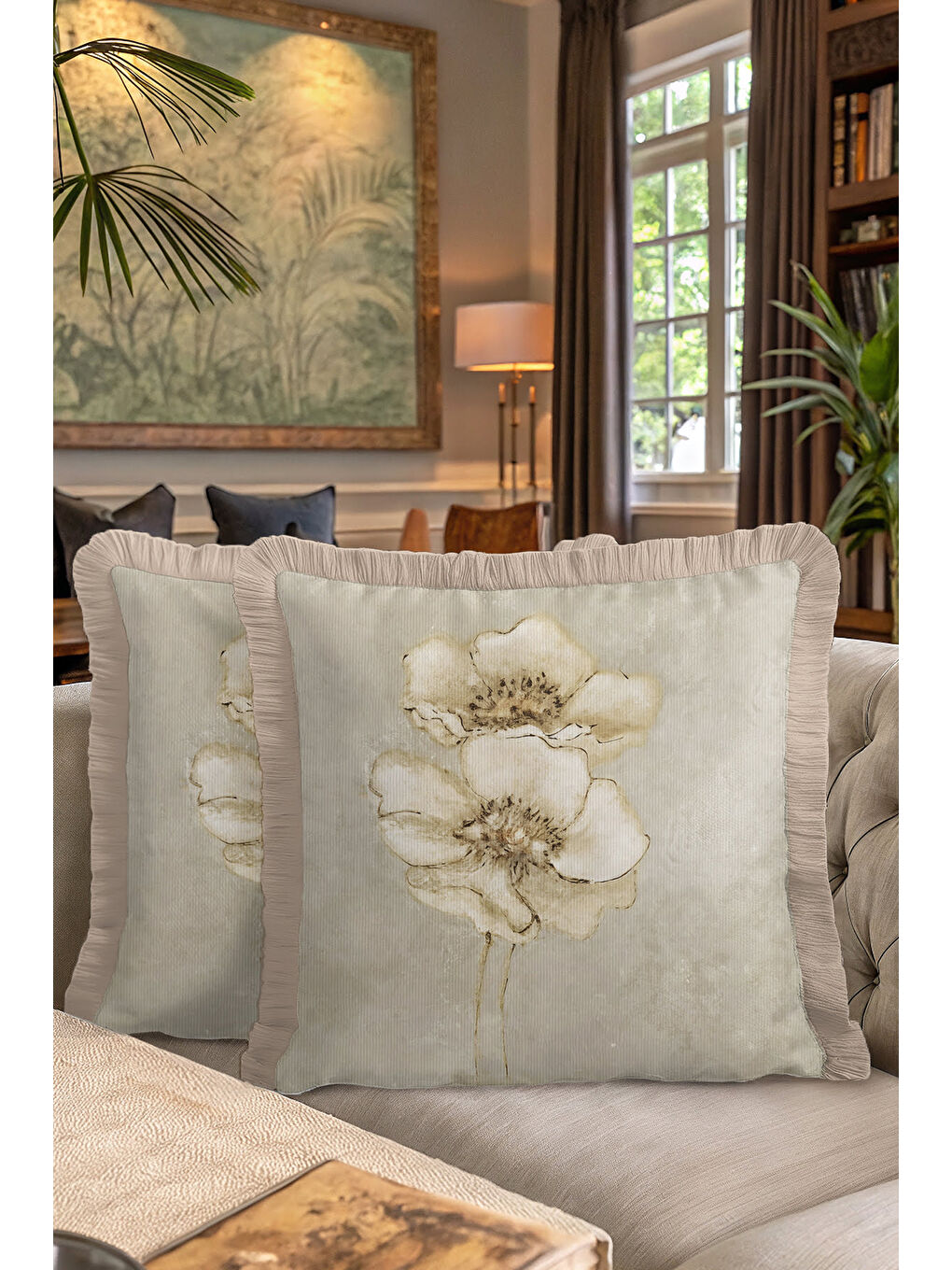 Karışık Zarif Çiçekli Saçaklı Yastık Kılıfı - Vintage Doğal Modern Bej Altın Renkli Püsküllü Kırlent Kılıfı-7