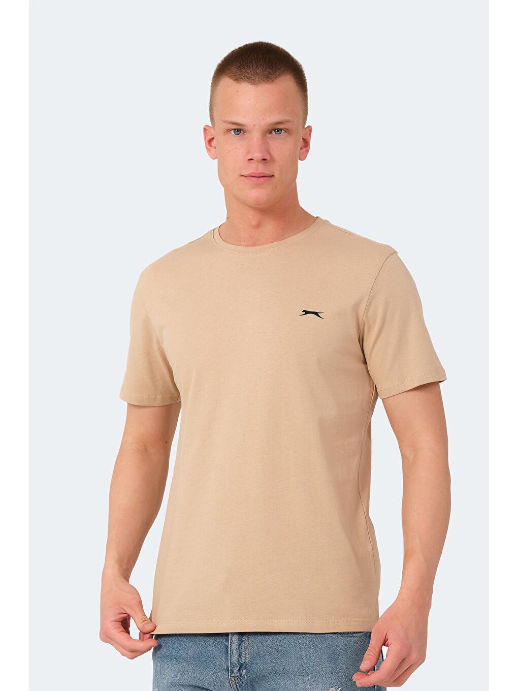 Bej Bisiklet Yaka Kısa Kollu Arkası Yazılı Erkek %100 Pamuk Tişört