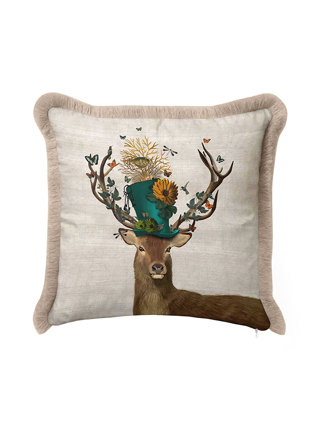 Karışık Doğal Zarif Doğa Temalı Saçaklı Yastık Kılıfı - Bohem Bej Yeşil Altın Renkli Püsküllü Kırlent Kılıfı-1